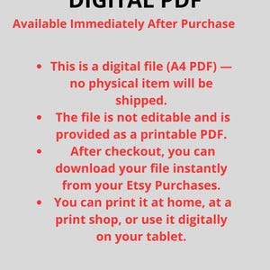 May include: A digital PDF download announcement with the text "INSTANT DOWNLOAD - DIGITAL PDF" in a bold font. The text also includes information about the file being a digital A4 PDF, printable, and available immediately after purchase.