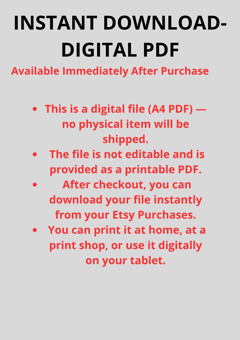 May include: A digital PDF download announcement with the text "INSTANT DOWNLOAD - DIGITAL PDF" in a bold font. The text also includes information about the file being a digital A4 PDF, printable, and available immediately after purchase.