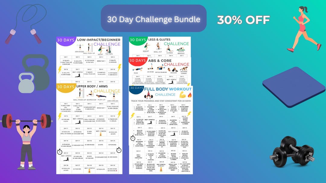 30 Day Workout Challenge Bundle | Printable & Digital | at Home No ...