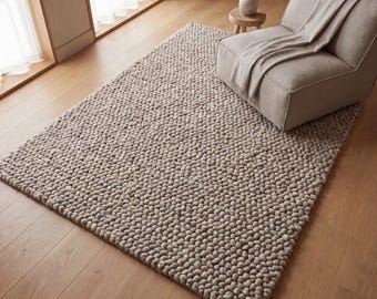 Handmade Chunky Wool Rug, Neutral Pebble Weave Area Rug, Scandinavian Minimalist Carpet, Japandi Living Room Decor, Thick Wool Floor Rug