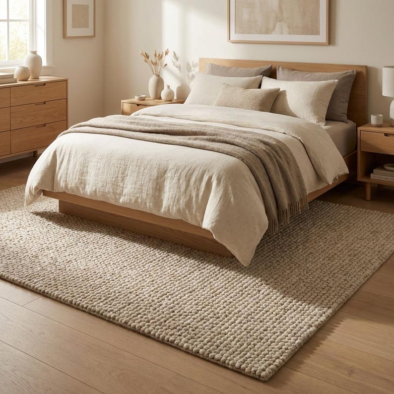 May include: A neutral-toned bedroom scene featuring a wooden bed frame, dresser, and nightstand. The bed is made with light-colored bedding and a brown throw blanket. A textured, light-colored rug covers the floor. Decorative vases and framed artwork complete the room's minimalist aesthetic.