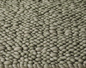 Hand-crafted Sage Olive Wool Loop-Pile Rug • Chunky Textured Living Room Rug Carpet Handmade • Natural Beige Accent Indoor Floor Teppich