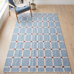 May include: A rectangular area rug featuring a light blue base with a white grid pattern and small red squares at each intersection. The rug has a woven texture and is finished with cream-coloured fringe along the top and bottom edges.