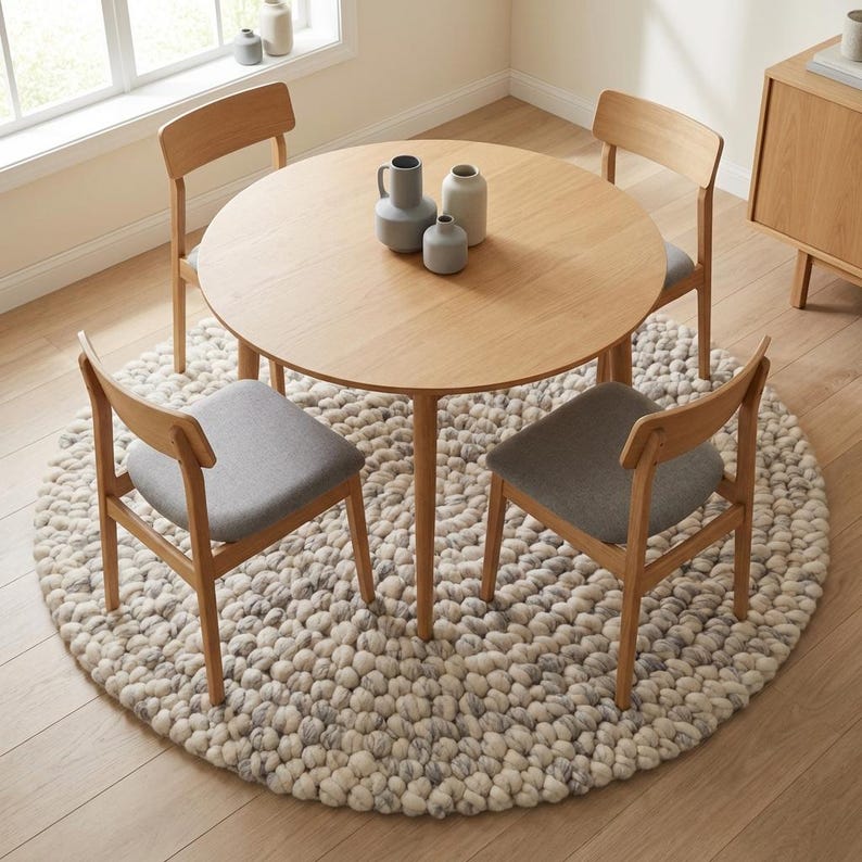 Puede incluir: Una mesa de comedor de madera clara con cuatro sillas a juego, cada una con asiento gris. La mesa est&aacute; sobre una alfombra redonda y texturizada en tonos blancos y grises. Jarrones decorativos sobre la mesa.