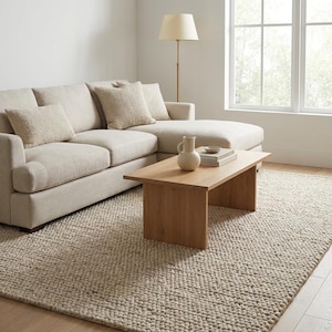 Natural fiber chunky wool rug in beige tones ideal for minimalist and modern interior spaces