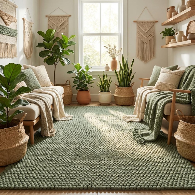 Cozy chunky wool area rug made from natural wool, soft textured rug ideal for bedroom or reading nook