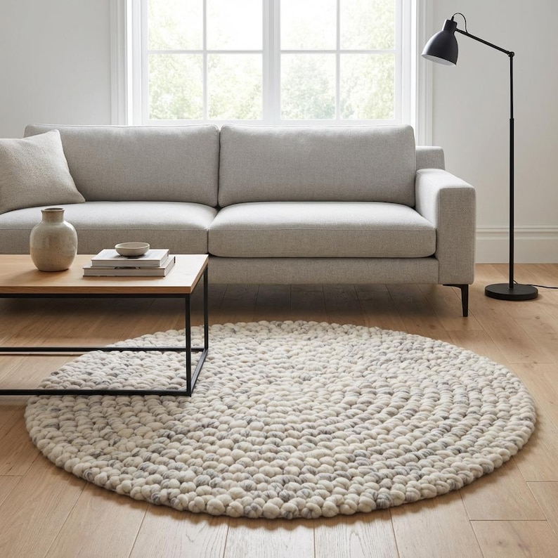 Cozy chunky wool round rug with natural wool texture, minimalist Scandinavian rug for nursery, bedroom, or living room