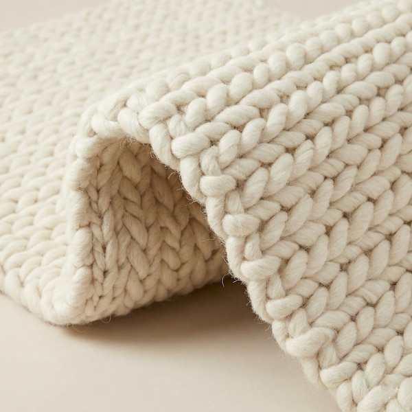Handwoven Chunky Wool Rug, Cream Knit Scandinavian Decor
