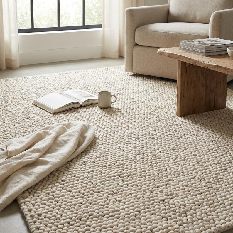 Textured wool loop rug detail showing plush chunky weave for warm and inviting home decor