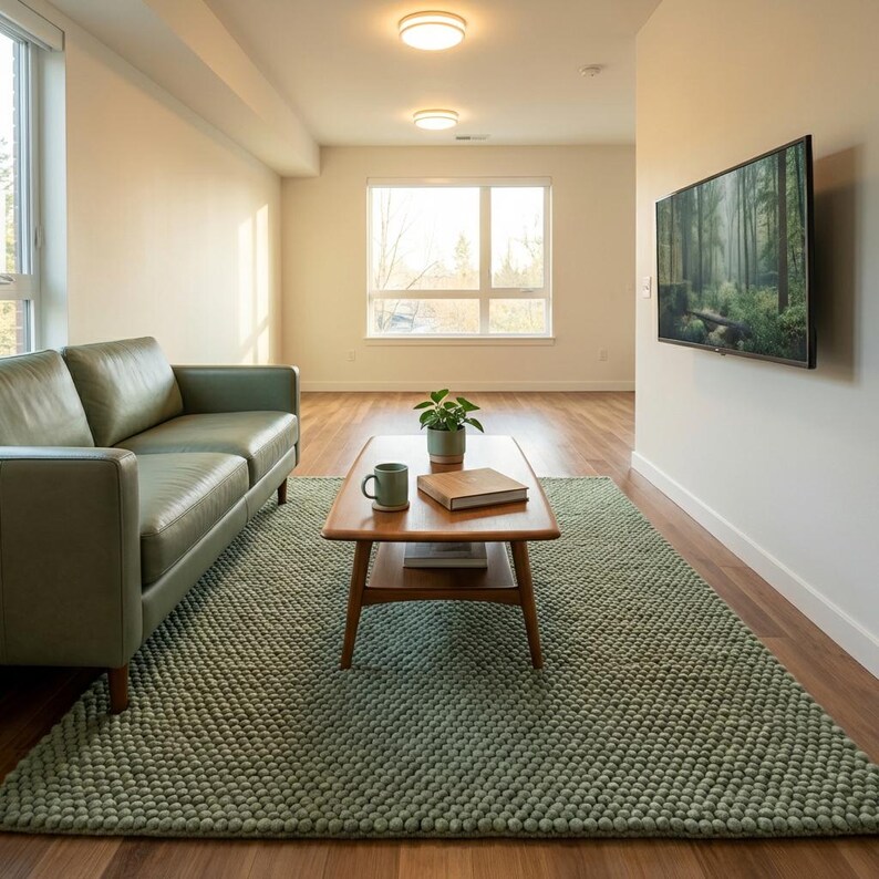 May include: A contemporary living room featuring a sage green rug, a leather sofa, and a wooden coffee table. A TV is mounted on the wall. The room has large windows and wooden flooring.