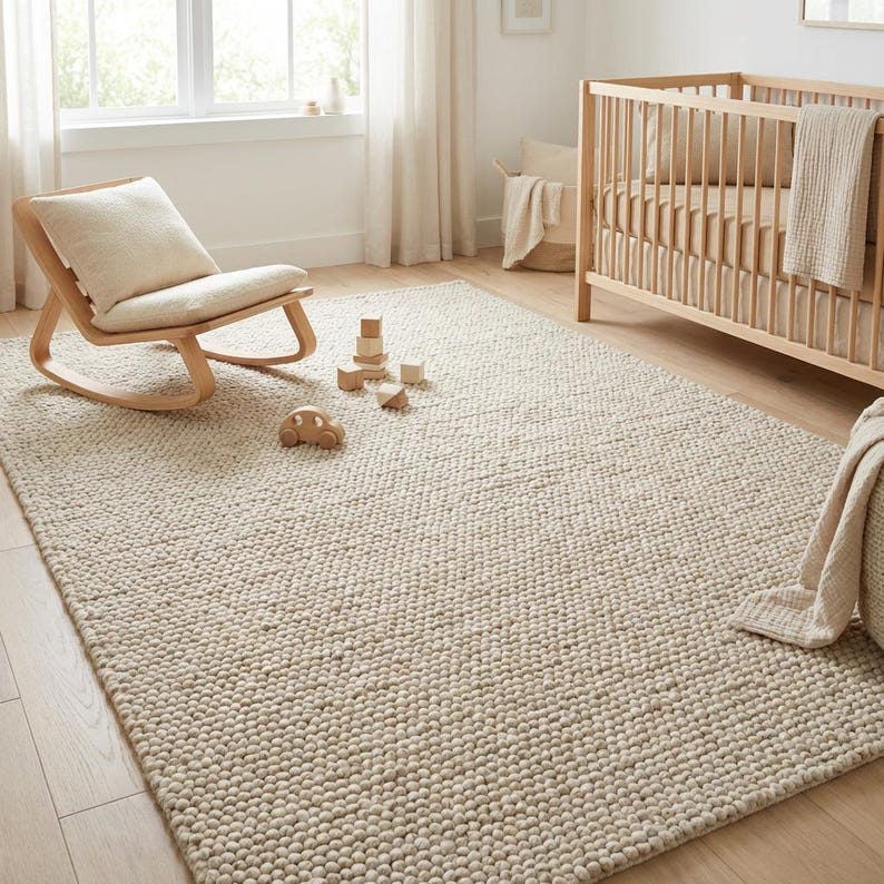 May include: A neutral-toned, textured area rug in a nursery setting. The rug is made of a thick, woven material. A wooden rocking chair with a cream-colored cushion and a wooden crib are also in the room. Wooden toys are scattered on the rug.