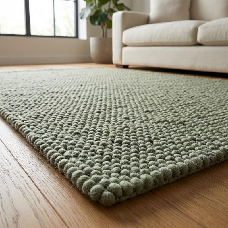 May include: A sage green rug with a textured, looped pile. The rectangular rug is placed on a wooden floor. The rug's surface is made up of small, rounded loops, giving it a soft, inviting look. A cream-colored sofa is visible in the background.