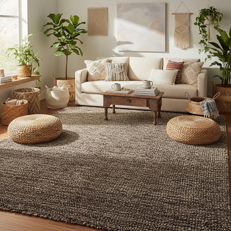 May include: A living room scene featuring a neutral-toned sofa with decorative pillows, a wooden coffee table, and a large, textured area rug. Woven baskets and potted plants add natural elements. Two round woven ottomans sit on the rug, enhancing the cozy atmosphere.