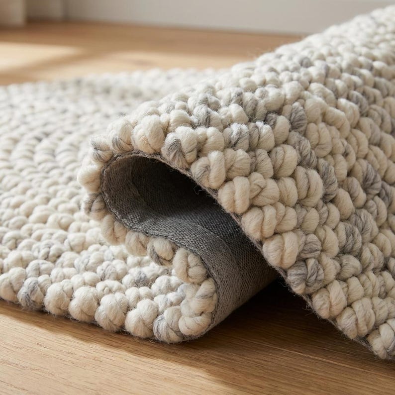 Puede incluir: Una alfombra enrollada y texturizada con una combinaci&oacute;n de colores crema y gris. La alfombra presenta un dise&ntilde;o en bucle, similar a una burbuja, creando un efecto tridimensional. La parte inferior de la alfombra es de color gris s&oacute;lido, sobre un suelo de madera.