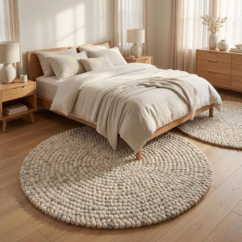 Thick handmade wool area rug with chunky loop texture, Scandinavian neutral round rug for minimalist interior styling