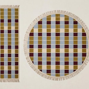 Modern geometric flatweave rug shown as a rectangle, also available as a round rug, a narrow runner and a long hallway carpet in custom sizes.