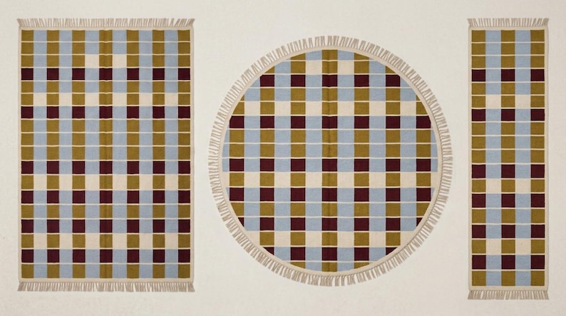 Modern geometric flatweave rug shown as a rectangle, also available as a round rug, a narrow runner and a long hallway carpet in custom sizes.