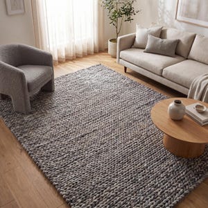 Alfombra de lana de punto grueso, alfombra gris tejida a mano, alfombra moderna para sala de estar, alfombra de decoración escandinava para el hogar.