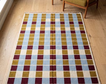 Alfombra a cuadros tejida a mano, alfombra geométrica moderna de lana para la decoración de la sala de estar.