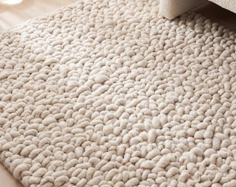 Alfombra de lana gruesa con textura, alfombra de área hecha a mano, alfombra de felpa neutra, acogedora, decoración minimalista para el hogar.