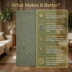May include: A section of a green rug with a pebble texture is displayed next to a graphic. The graphic highlights the rug's features: handmade wool, nubby texture, custom sizes, plush feel, and minimalist style. Text reads "What Makes It Better?"