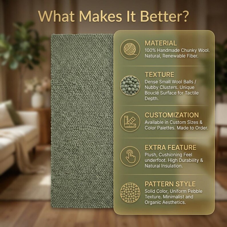 May include: A section of a green rug with a pebble texture is displayed next to a graphic. The graphic highlights the rug's features: handmade wool, nubby texture, custom sizes, plush feel, and minimalist style. Text reads "What Makes It Better?"