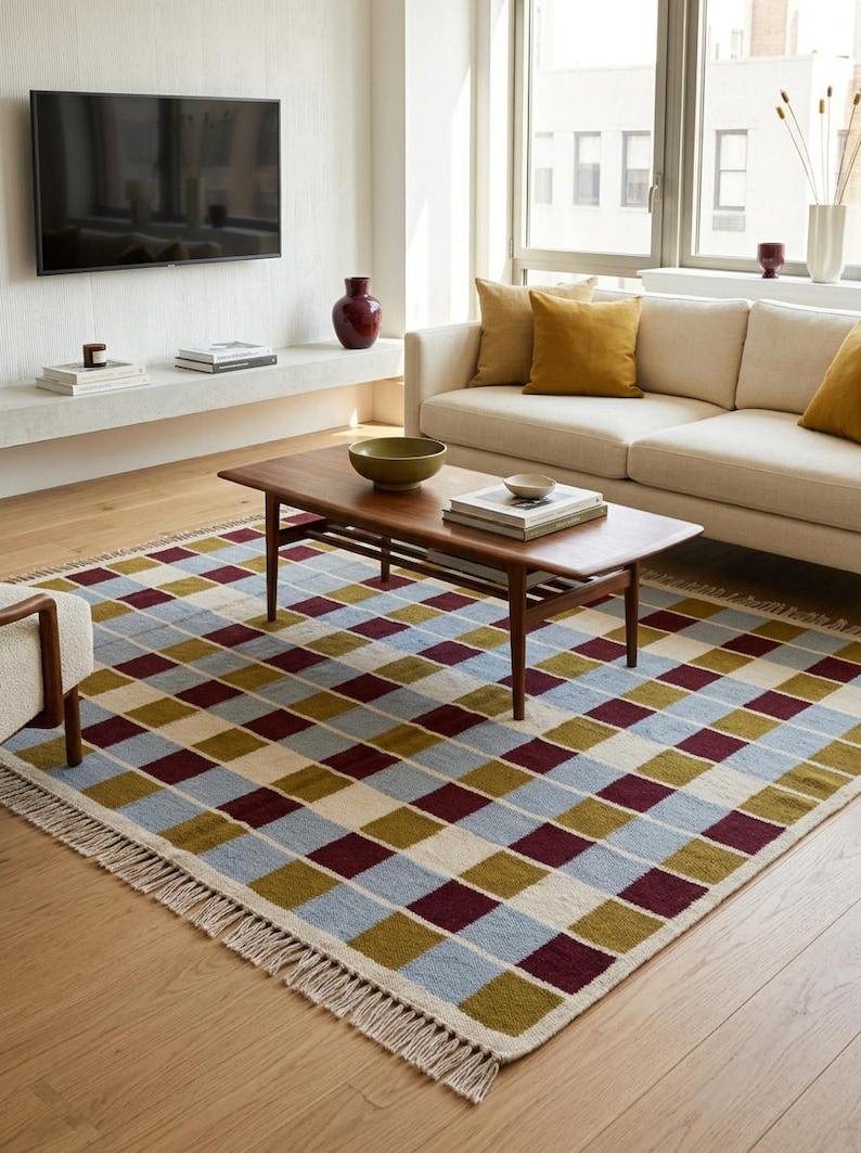 Colorful Scandinavian check area rug styled on warm oak flooring, ideal for living rooms, bedrooms and home offices with modern or boho decor.