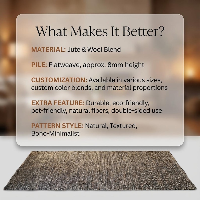 May include: A rectangular jute and wool blend rug with a flatweave design. The rug has a natural, textured appearance and is approximately 8mm in height. The rug's style is Boho-Minimalist. The image also includes text that describes the rug's features.