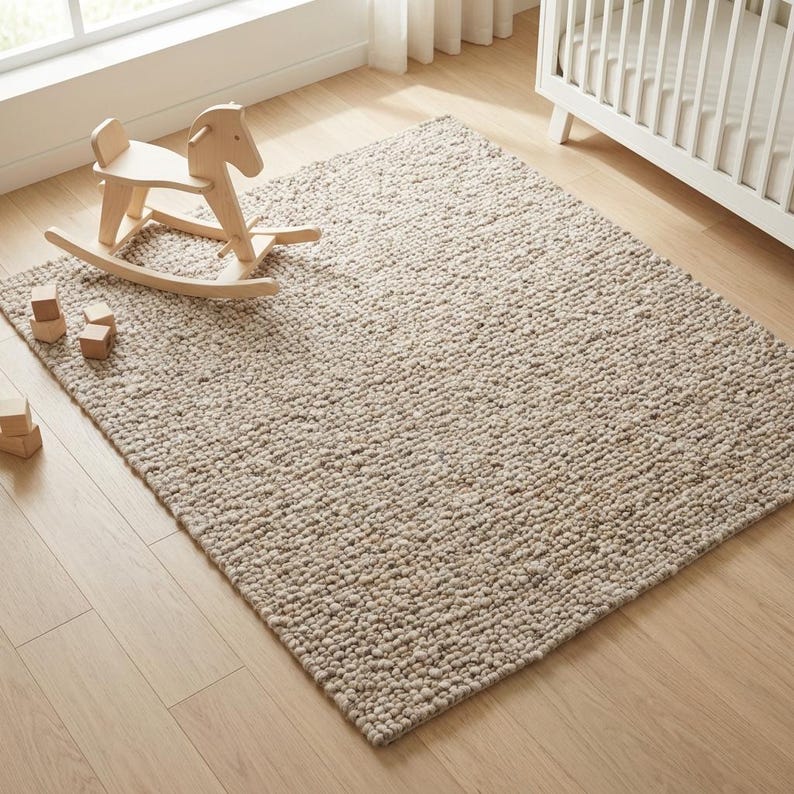Handwoven Chunky Wool Rug, Natural Beige Pebble Texture, Scandinavian ...