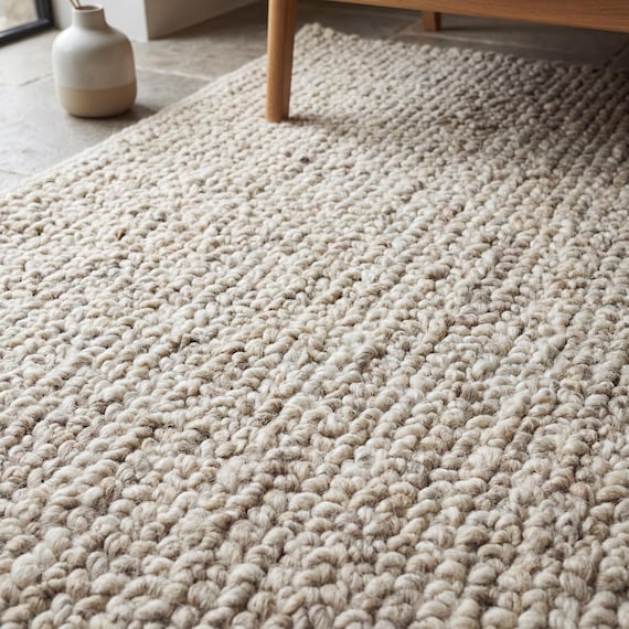 Chunky Wool Rug Handmade Neutral Area Rug Thick Textured Wool Carpet Cozy Minimalist Living Room Decor Natural Fiber Rug