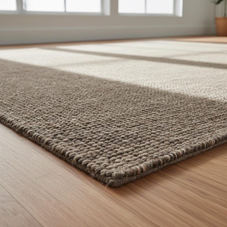 Neutral wool carpet with thick chunky fibers, handmade area rug perfect for organic modern or rustic home styling.