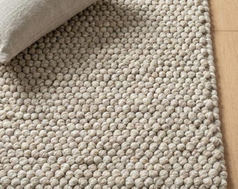 Handwoven chunky Wool Pebble Rug, Neutral Beige Textured Area Rug, Scandinavian Minimalist Living Room Carpet, Thick Cozy Natural Home Decor