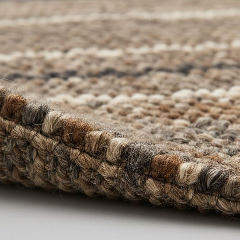 May include: Close-up of a textured rug with a woven design. The rug features a mix of neutral colors, including shades of brown, beige, and gray, creating a natural and earthy aesthetic. The edges of the rug are visible, showing the detailed craftsmanship.