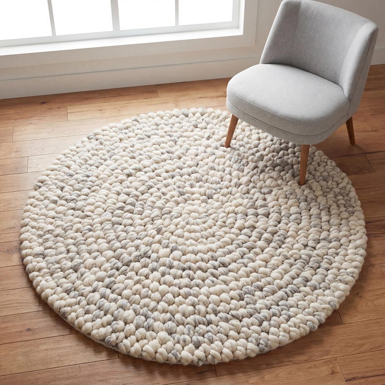 Handmade chunky wool rug with thick pebble texture in neutral ivory and gray tones, round Scandinavian style wool rug for modern living room or cozy nursery decor