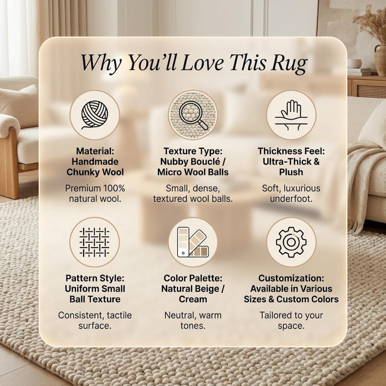 May include: A beige rug with the text "Why You'll Love This Rug". The rug is made of handmade chunky wool with a nubby boucl&eacute; texture. It has a uniform small ball pattern and a natural beige/cream color palette. The rug is ultra-thick and plush.