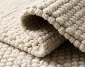 Handwoven Wool Rug, Chunky Loop Pile Area Rug, Neutral Ivory Wool Carpet, Scandinavian Minimalist Rug, Modern Cozy Living Room Floor Decor