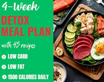 4-veckors detox-måltidsplan i PDF-format, recept med låg fetthalt, diet med 1500 kalorier, guide till hälsosam kost