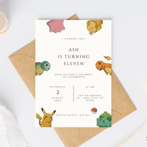 May include: A cream-colored birthday invitation with cartoon characters and the text "Ash is turning eleven." The invitation includes the date, time, and location. A brown envelope is behind the invitation.
