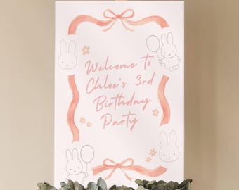 Miffy Pink Birthday Welcome Sign | Editable Canva Template | Digital Download Party Decoration