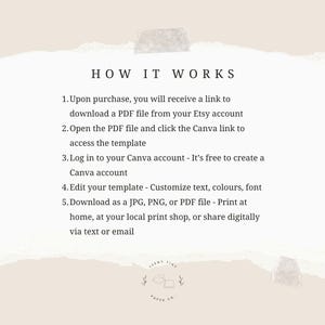 May include: A beige-colored paper with the text "HOW IT WORKS" and numbered steps. The steps describe how to download and edit a template using Canva. The bottom of the paper has a logo for Teeny Tiny Paper Co.