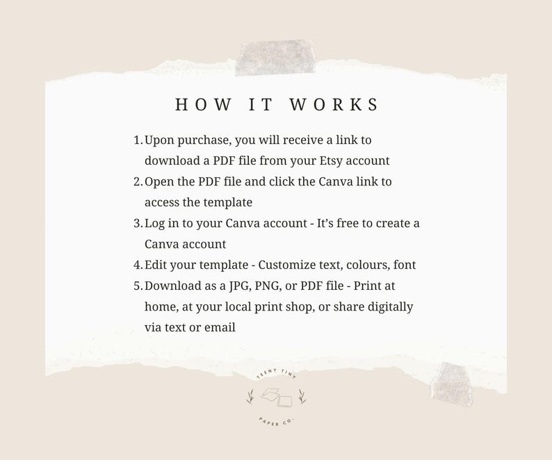 May include: A beige-colored paper with the text "HOW IT WORKS" and numbered steps. The steps describe how to download and edit a template using Canva. The bottom of the paper has a logo for Teeny Tiny Paper Co.