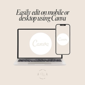 May include: A laptop and smartphone display the Canva logo on a light beige background. The text "Easily edit on mobile or desktop using Canva" is at the top. The logo of "Fresh Tiny Paper Co." is at the bottom.