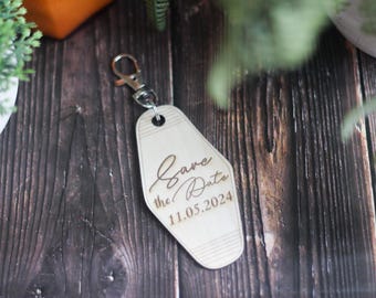 Personalised Save The Date Motel Style Wooden Keyring - wedding day invite, unique invitation