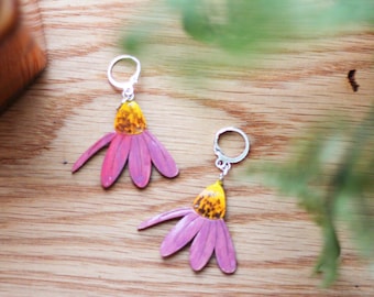 Pink Cosmos Daisy Earrings - wood laser engraved, unique jewellery