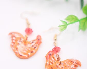 Brown Chicken Earrings | Cute Clay Rooster Dangles, Cottagecore Farmhouse Jewelry, Quirky Animal Earrings, Gift for Chicken Lady