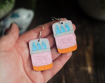 Sardine Earrings - wood laser engraved, unique jewellery, statement summer
