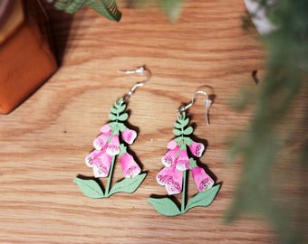 Pink Foxglove Earrings - wood laser engraved, unique jewellery