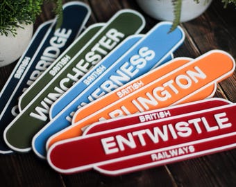 Personalised Railway Totem Sign | Custom Train Station Name | Vintage British Rail Style Plaque | Kids Train Bedroom Decor, Man Cave Gift