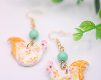Floral Chicken Earrings | Cute Clay Rooster Dangles, Cottagecore Farmhouse Jewelry, Quirky Animal Earrings, Gift for Chicken Lady