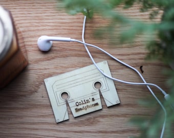 Wooden Personalised Earphone Mix tape Organiser - Headphones, retro style, fun organisation